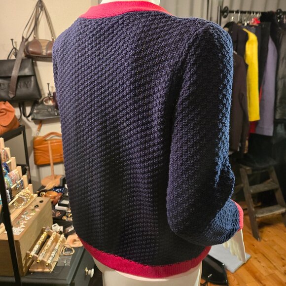 Cotton Knit Cardigan in Navy and Red Medium - Picture 3 of 7
